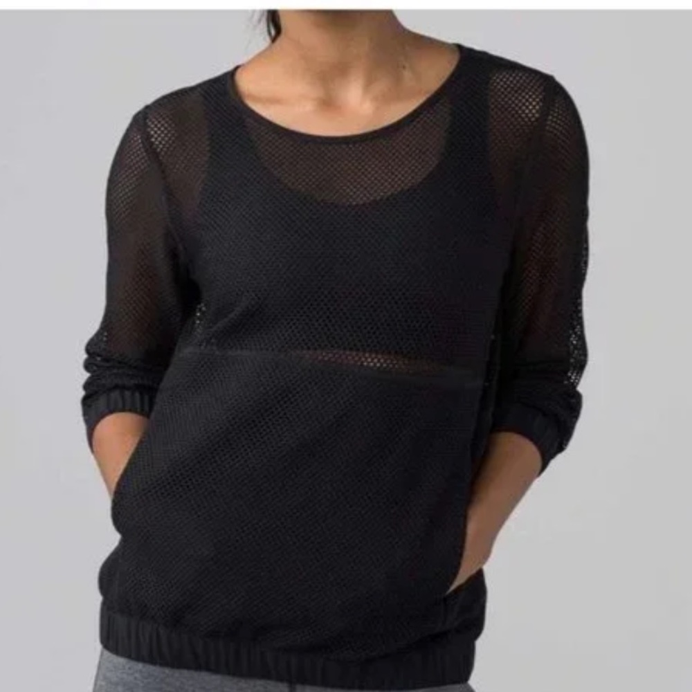 Lululemon Mesh On Mesh Pop Over Black Pullover 12 Sweatshirt Pocket Sheer EUC